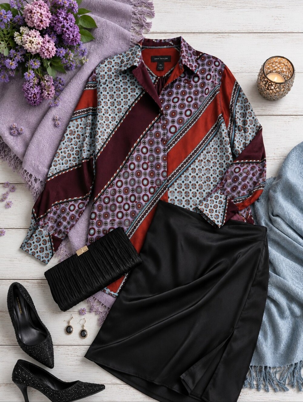 Ann Taylor Satin Blouse XL | Multicolor Boho Print | Cuffed Sleeves | Like New - Picture 4 of 9